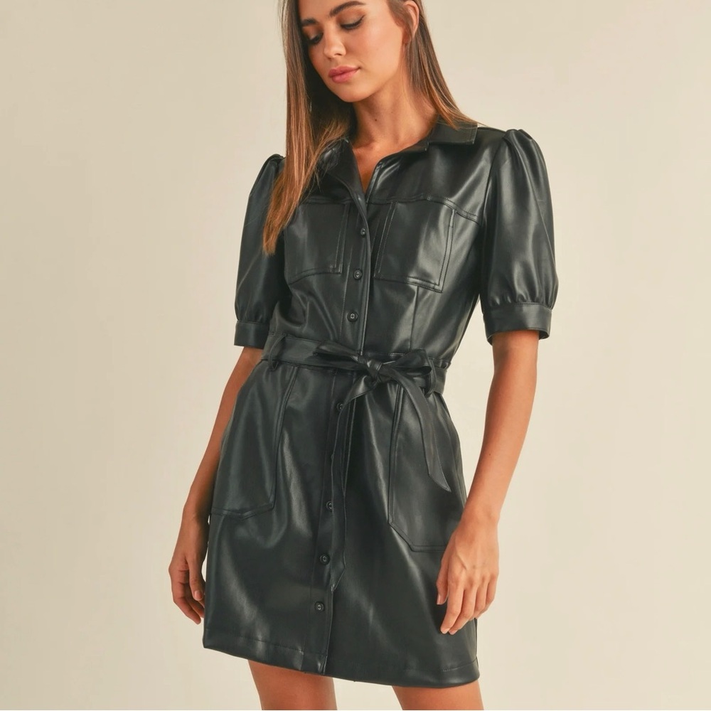 Miou Muse Faux Leather Button Down Dress Size Small